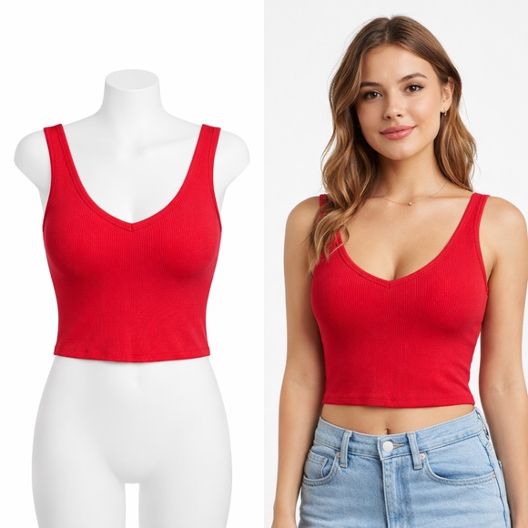 Red Ribbed V-Neck Cropped Tank Top | Stretchy | Size L - Picture 2 of 4